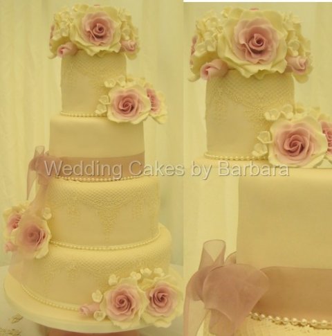 Esme - 10/8/6/4 inch wedding cake with edible lace, pearls and sugar roses £350 - Wedding Cakes by Barbara