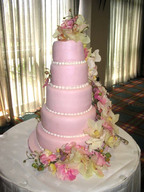 Five tier pink cake with silk orchids cascadeing down the cake - Elizabeth Ann's Confectionery
