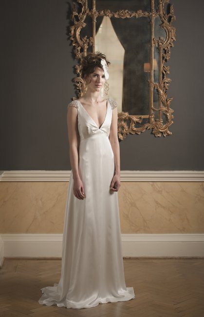 Low neck crepe back satin dress. With Embellishment sleeves - Kate Edmondson Bridal Couture