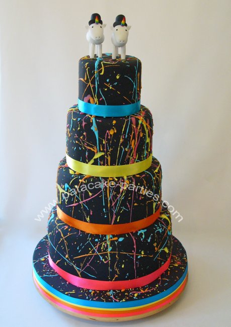 Wedding Cake 'Chris' - fun, multi-coloured wedding cake with hand-made sugar unicorn toppers - Pat-a-Cake Parties