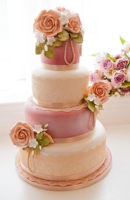 Vintage Lace, Roses & Pearls Wedding Cake - Wedding Cakes by Lisa Broughton