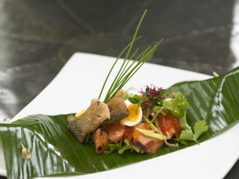 Seared salmon served with spiced Asian green mango salad, crispy salmon skin and quails eggs - At home catering