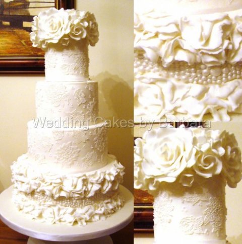 Fay - 10/8/6/4 inch wedding cake with a pearl band, ruffles, edible rose lace and sugar roses £350 - Wedding Cakes by Barbara