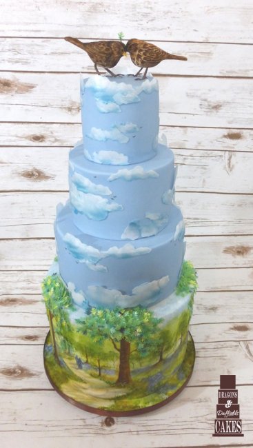 Woodland Walk wedding cake with hand painted detail - Dragons and Daffodils Cakes