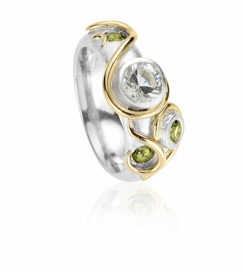 Silver, gold, crystal and peridot bespoke handmade ring - Claire Troughton Fine Jewellery Design 