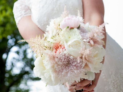 peony astilbe & rose bouquet oldwalls gower wedding - Blush floral art