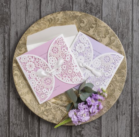 Pastel Pink and Lilac Vintage Lace Laser Cut Wedding Invitations - Hip Hip Hooray