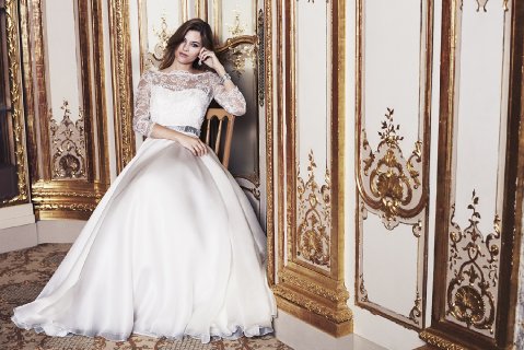 Caroline Castigliano style Bellisima with Svetlana shrug - Dreamcatcher Designer Bridal Wear 