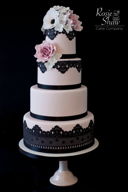 Pink & Black lace finish off with hand made flowers - Rosie Shaw Cake Company