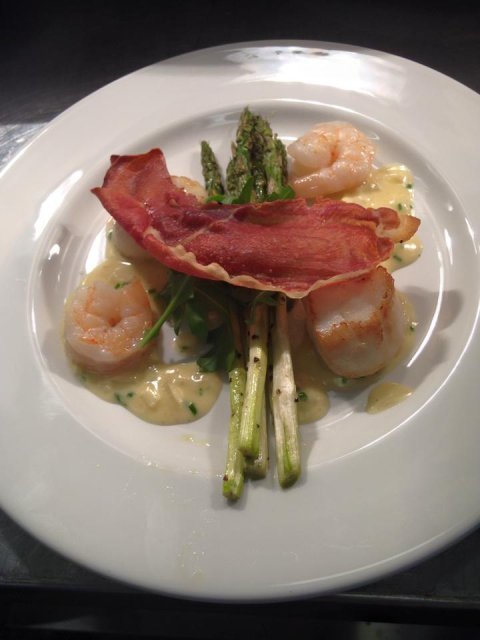 Grilled Asparagus with Tiger Prawns and Scallop Fricassee - Benson's Catering Limited