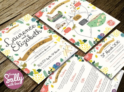 Wedding invitations with a festival theme including a wedding map, more information page and as RSVP postcard. - From Sally with Love