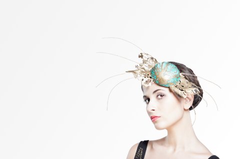 Small round headpiece with golden applications. - Katherine Elizabeth Millinery