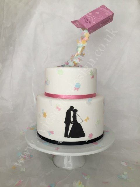 Gravity defying confetti wedding cake - Evie's Cake Design