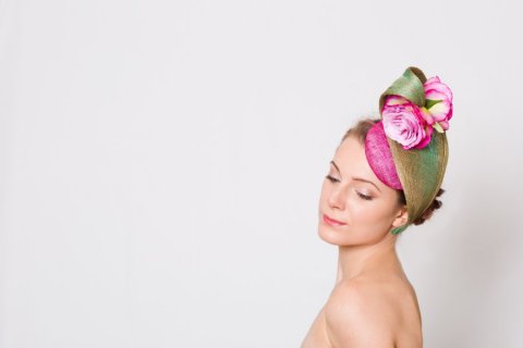 Handmade futuristic sinamay headpiece with roses. - Katherine Elizabeth Millinery