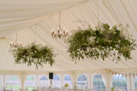 Hanging hoops draped with trailing birch and gypsophila - JW Blooms