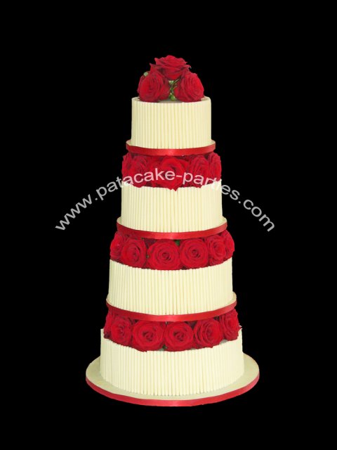 Wedding Cake 'Anita' - White chocolate curls with fresh roses - Pat-a-Cake Parties