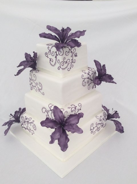 Purple lace and sugar lily wedding cake - Sarah Louise Cakes