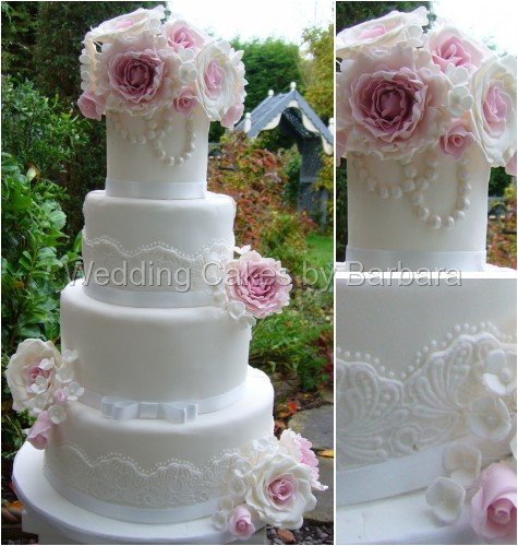 Darcy - 10/8/6/4 inch wedding cake with moulded lace and sugar flowers £350 - Wedding Cakes by Barbara