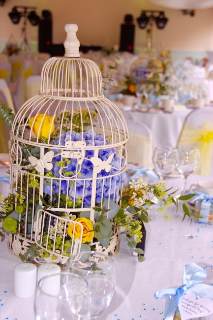 A beautiful bird cage centre piece filled with flowers - The Garden Rooms