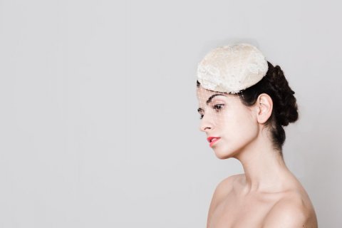 Round bridal headpiece with veil and beads. - Katherine Elizabeth Millinery