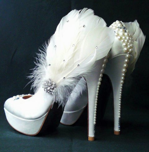 Design: Eternal Love @ Nicky Rox. Shoes provided by the bride and customised with ivory soft feathers, crystal adornment and lots of pearls and Swarovski crystals. - Nicky Rox Designs