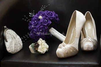 Cadbury purple roses with ivory rose pins - Silk wedding flowers