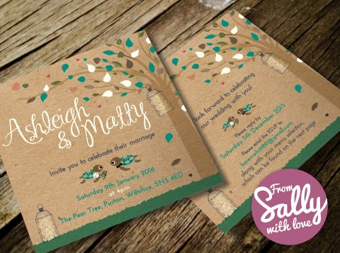 Wedding celebration invitations with a family of turtles and a rustic outdoorsy theme - From Sally with Love
