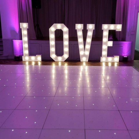up light,led starlit dance floor, and LOVE letters - Goldensoundsdisco