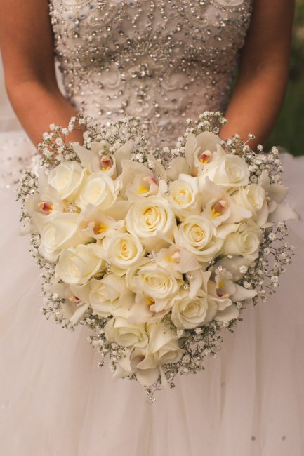 White rose and orchid heart bouquet - Laurel Weddings
