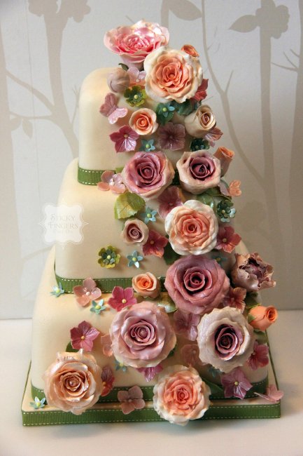 3 Tier Floral Cascade Wedding Cake - Sticky Fingers Cake Co