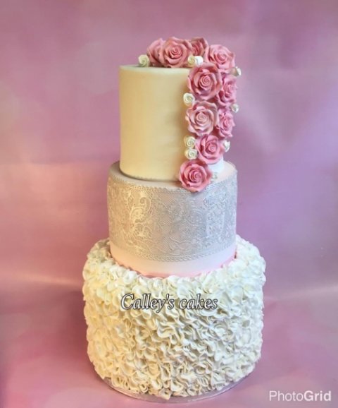 pink ruffles and cake lace wedding cake - Calley's Cakes