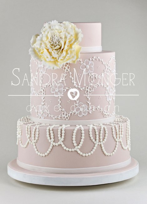 Nude Lace and Pearl Wedding Cake - Sandra Monger Cake Design