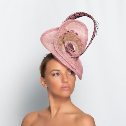 Bright pink Ascot-type headpiece with feathers. - Katherine Elizabeth Millinery