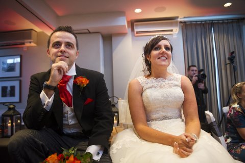 Andy & Jenny -Lee watch the wedding party introduction - Alan Marshall Celebrations