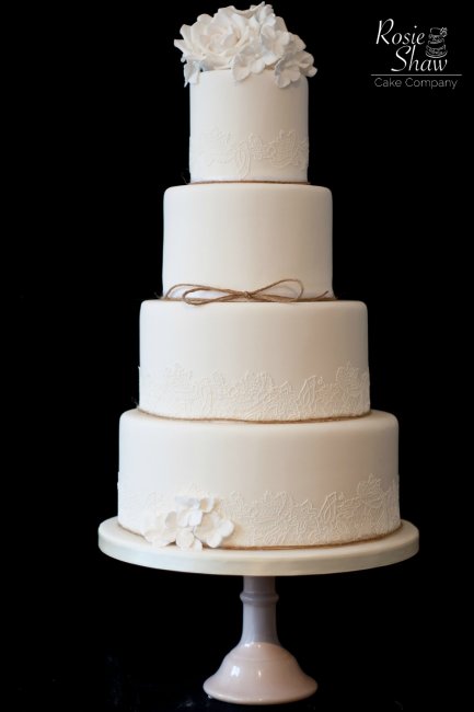 White wedding cake with lass and hand made flowers - Rosie Shaw Cake Company