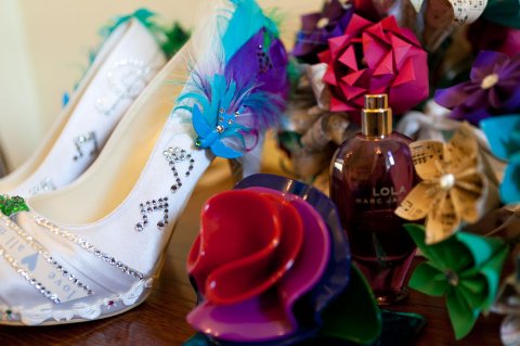Design: Songbird @ Nicky Rox. Multi-colour feather shoes designed to match your bridal flowers - Nicky Rox Designs