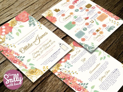Wedding invitations in coral, gold and green with a wedding timeline to help guests navigate their way through the weekend of events - From Sally with Love