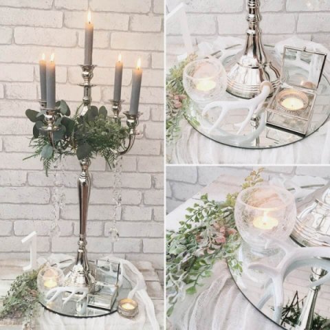 Silver candelabra, mirror base and gauze runner, As You Like It - THE ARTISAN WEDDING HOUSE
