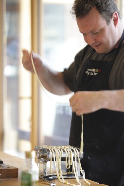 Stag making pasta - Harts Barn Cookery School 