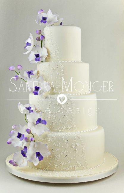 Orchid and Lace Cascade Wedding Cake - Sandra Monger Cake Design