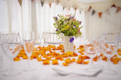 Clementine rose petals as table decor - Shropshire Petals