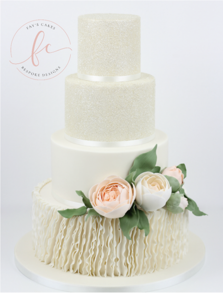 Glitter tiers with open peonies and ruffled bottom tier - Fay's cakes