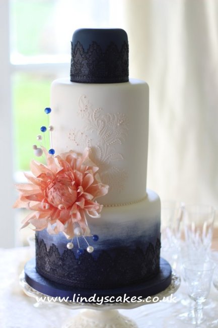 Vintage botanical navy and peach wedding cake - Lindy's Cakes Ltd