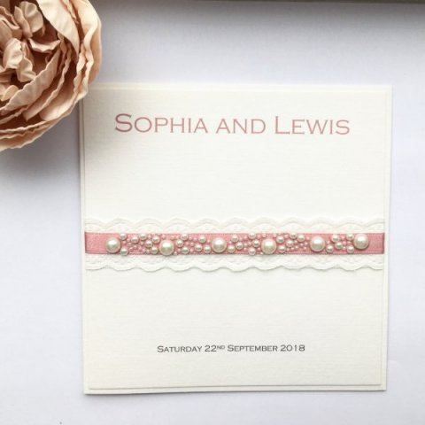 Ivory and dusky pink wedding invitation with lace and pearl detail - Tailor made Moments
