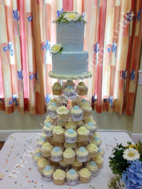 Wedding cupcake tower with 2 tier top cake - Evie's Cake Design