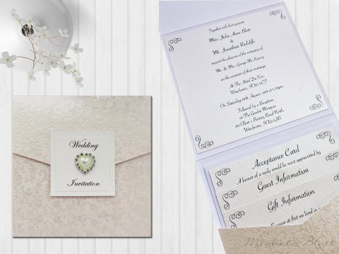 Ivory applique Wedding Wallet with pearl and diamante heart - Elegant Wedding Stationery and Luxury Table Plans