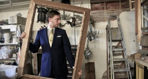 George wears a French Blue wool and Mohair suit.. - Justin Brogan Bespoke