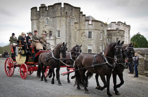 Bridal couples have shown lots of imagination in booking their wedding transport. We have seen everything from a host of different horse-drawn vehicles and fabulous vintage cars to modern limos - even helicopters on the South Lawn! - Picton Castle & Gardens