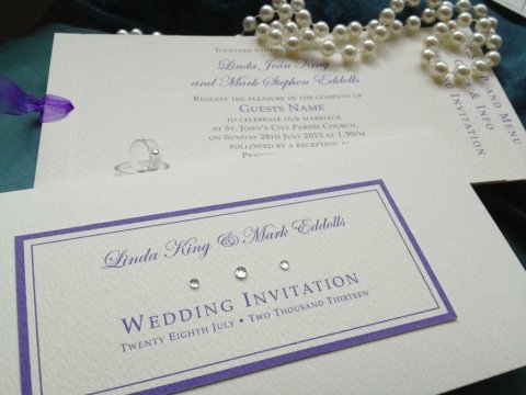 Purple pocket wedding invitation with chequebook - Perfect Day Weddings