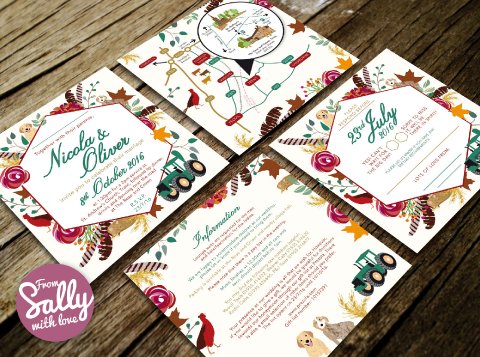 Wedding invitation in rich autumnal colours. This invitation included the couples dogs and cats, a tractor and wheat and the flowers chosen for the wedding bouquets for a truly personalised design. - From Sally with Love